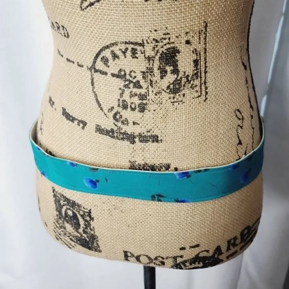 Vintage 80s 90s Teal Blue Whimsi Floral Fabric Chunky Gold Buckle Belt